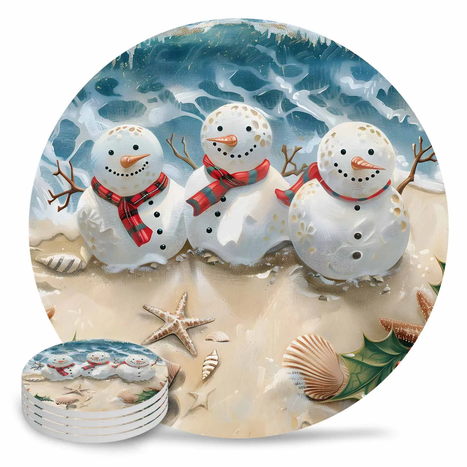 Beach Snowman Waves Round Coaster Coffee Table Mats Kitchen Accessories Absorbent Ceramic Coasters