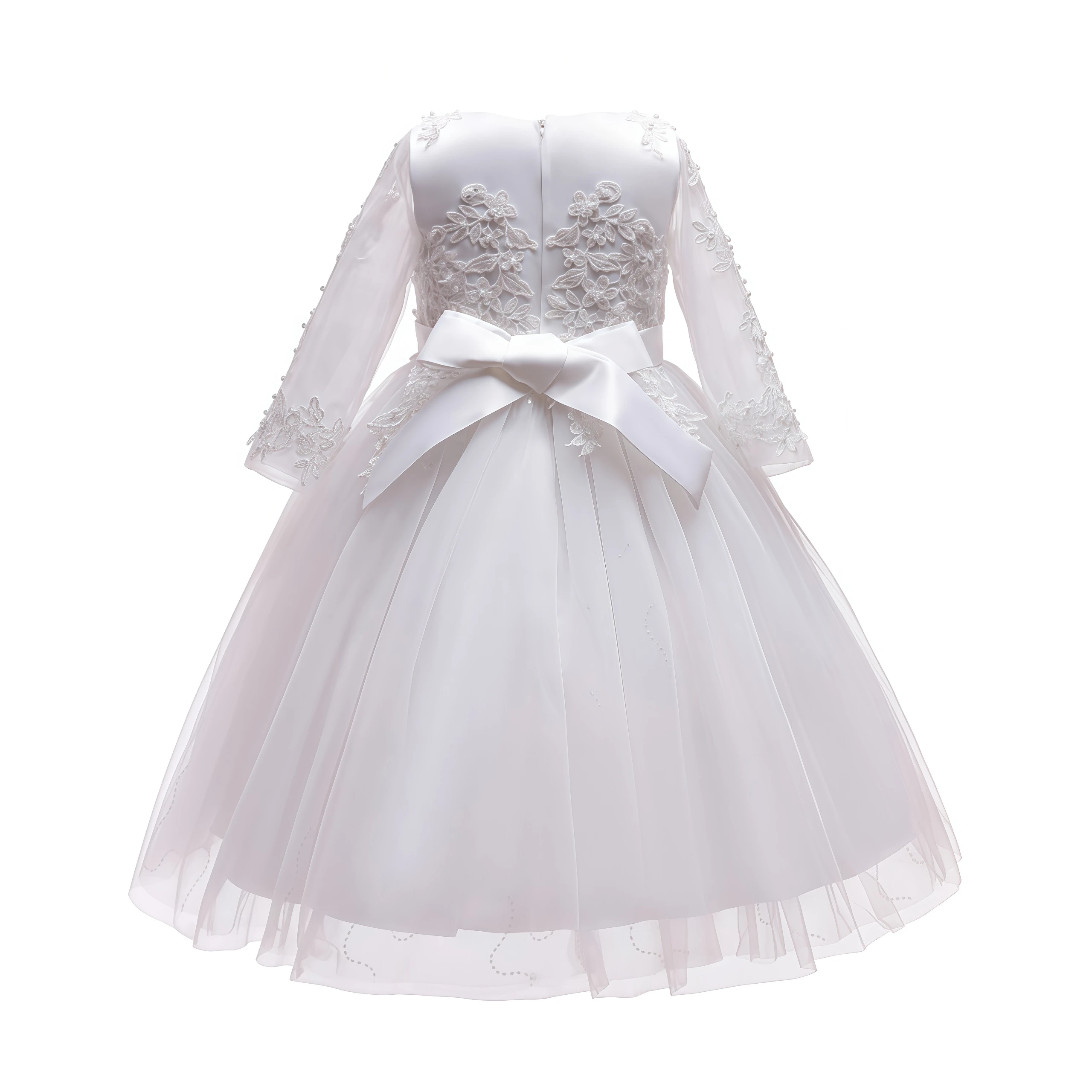 White Dress Flower Girls Bow Tulle Princess Dress For Children Birthday Party First Communion Wedding Festival Pageant Vestidos
