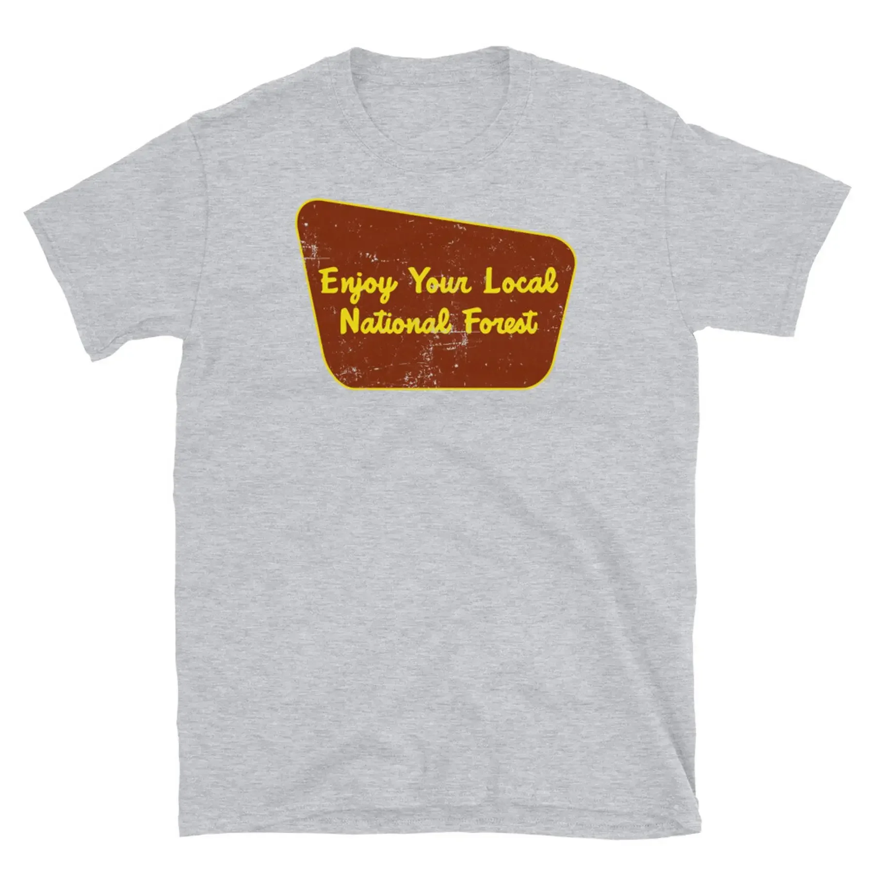 Retro al aire libre disfruta de su cartel nacional local del bosque camiseta unisex de manga corta