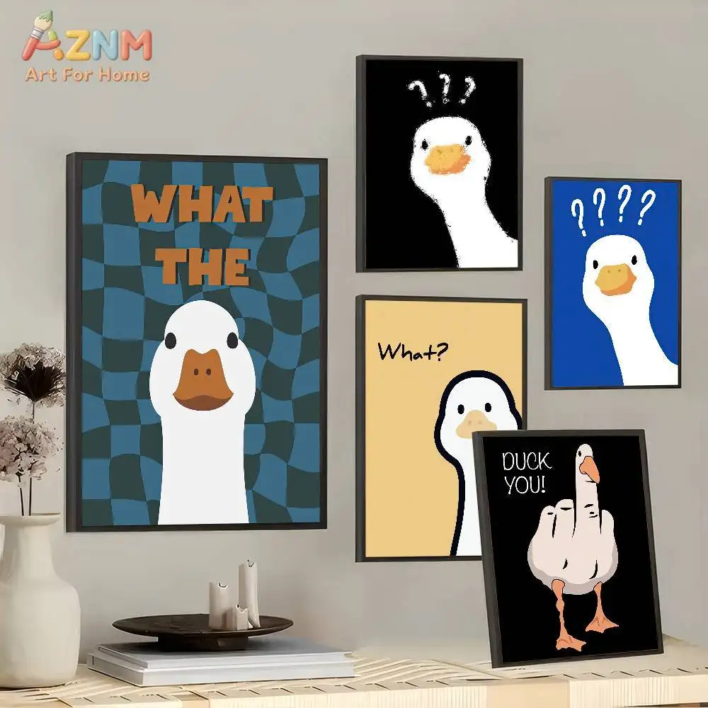 AZNM Funny Confused Duck Goose Meme Canvas Wall Art, Humorous What The Duck Print, Sarcastic Room Decor