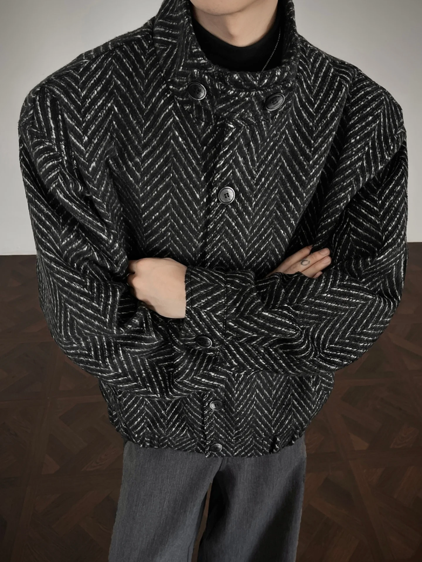 

Men's Winter Thiened Fibone Pattern Cotton Jaet Luxury Sle Stand Collar Cotton Coat Youthful Urban Faion Warmth