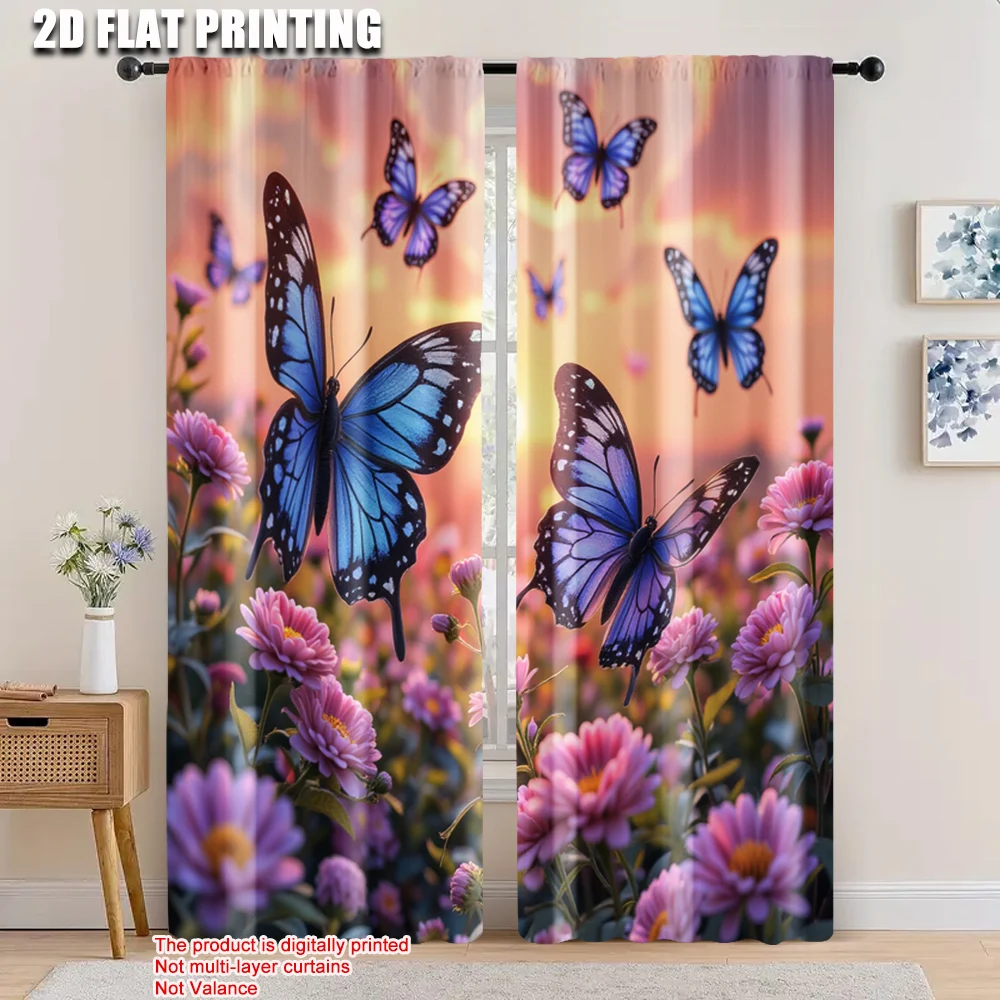 

2pcs, 2D flat printing Scene Curtains purple flowers and butterfly Versatile Durable Polyester,Without Electricity Birthday