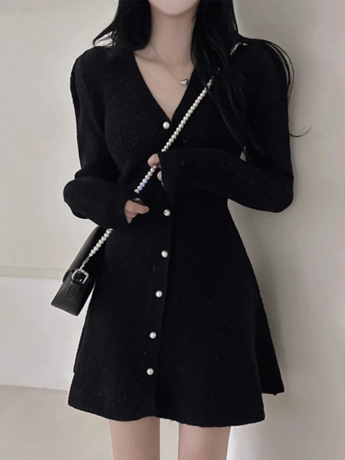 Vestido linha a de cintura alta, manga crida, decote em v, estilo coreano, camada base de emaecimento, vestido midi de c...