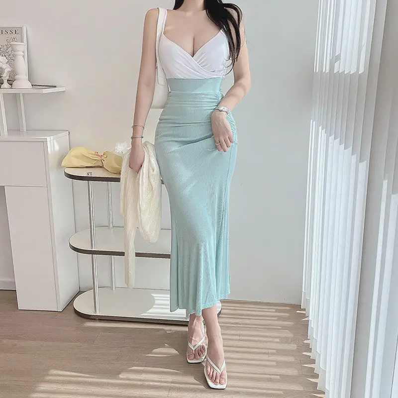 

2024 Summer New Style Fresh and Elegant Mint Color Slimming High Waist Skirt Versatile Folded Fishtail Half skirt Trend