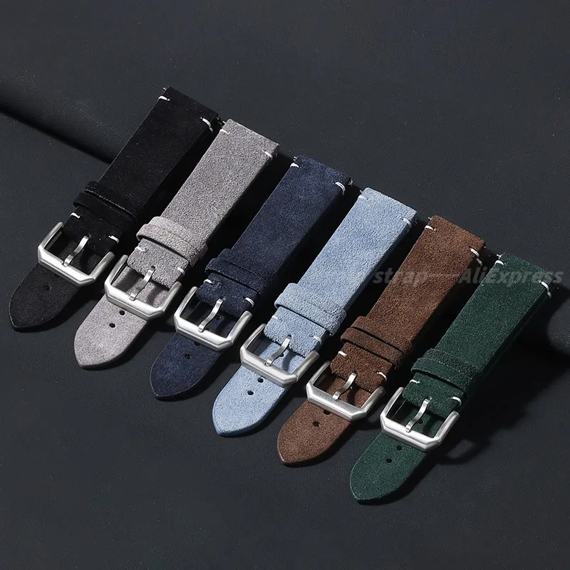 20mm 22mm Suede Genuine Leather Watch Strap for Seiko for Omega Vintage Handmade Stitching Bracelet Belt Quick Release Wristband