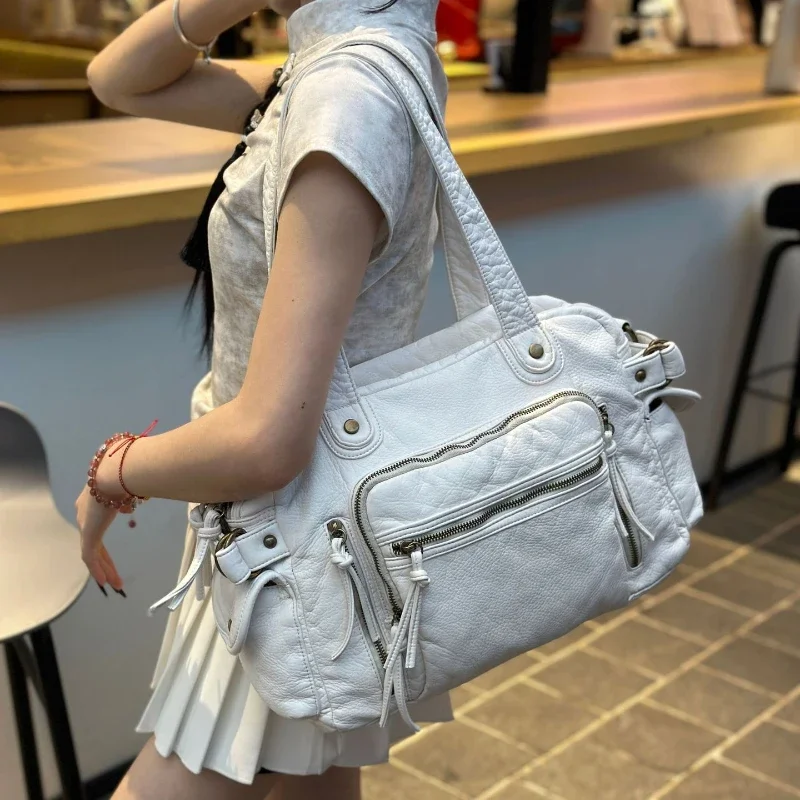 Women's fashion retro old motorcycle bag large capacity washed Y2K hot girl shoulder messenger bag