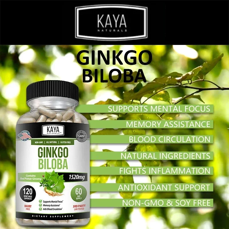 Ginkgo Biloba + Red Ginseng Extract Capsules – for Brain, Antioxidants, Blood Circulation, Mental Focus Memory Health Supplement