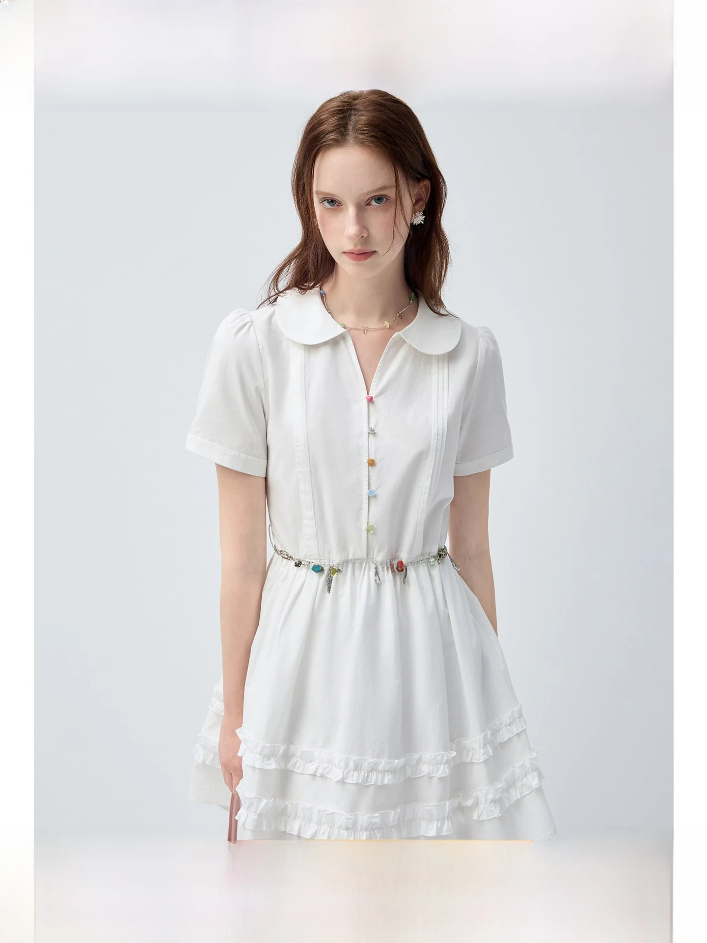 

Летнее универсальное платье Sweet Style для полных женщин: короткое, А-силуэт, с кукольным воротником и утягивающей талией