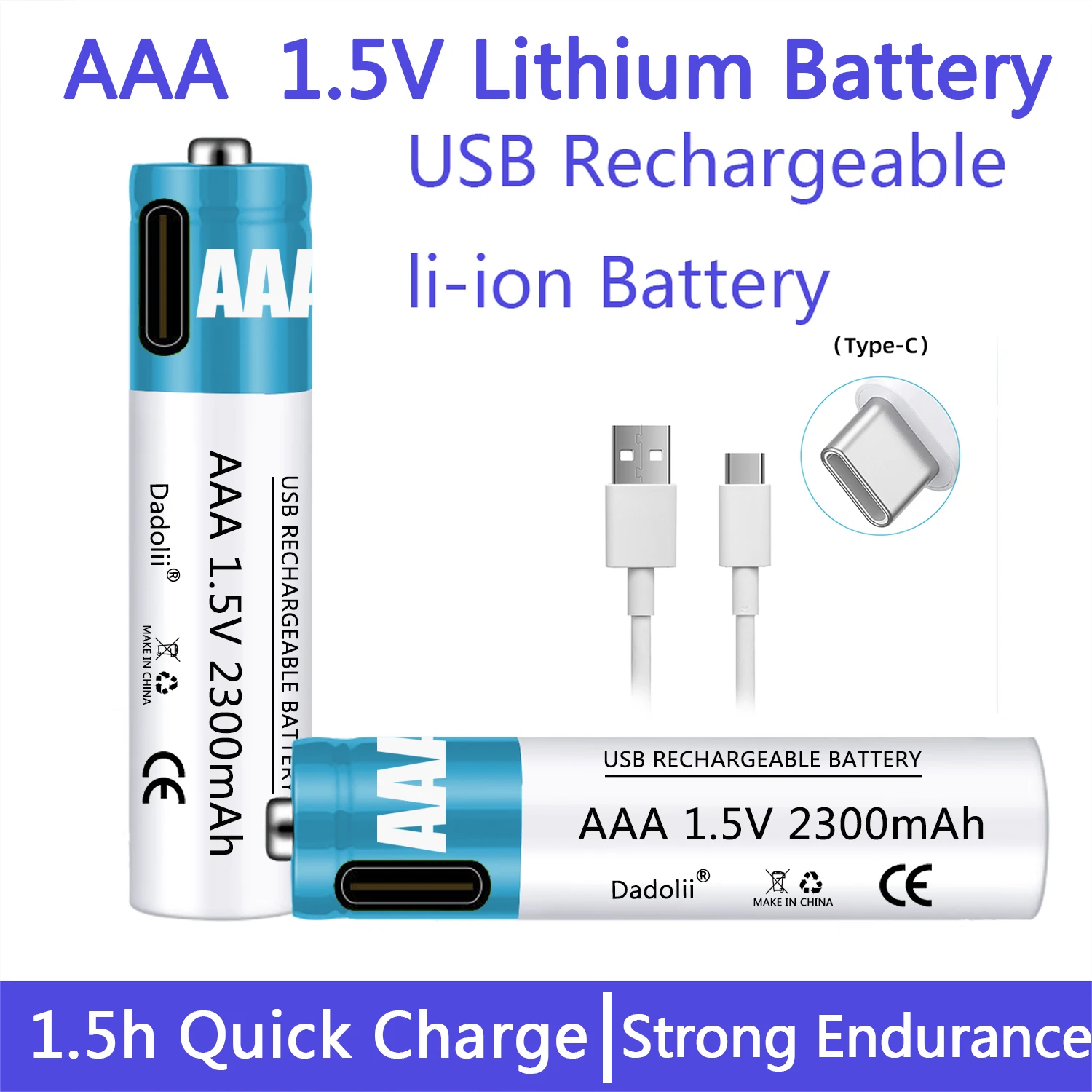 New 1.5V AAA Rechargeable Battery 2300mAh Rechargeable AAA Battery Lithium Polymer Battery Quick Charging by Type-C USB Cable