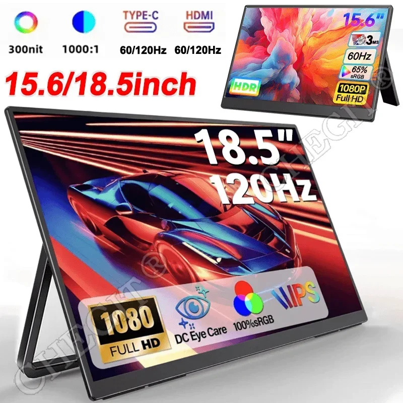 

15.6/18.5"120Hz Portable Monitor 100%sRGB IPS Screen Gaming Extended DisplayType-C HDMI for Mac Laptop PC Switch Xbox PS4/5 Xbox
