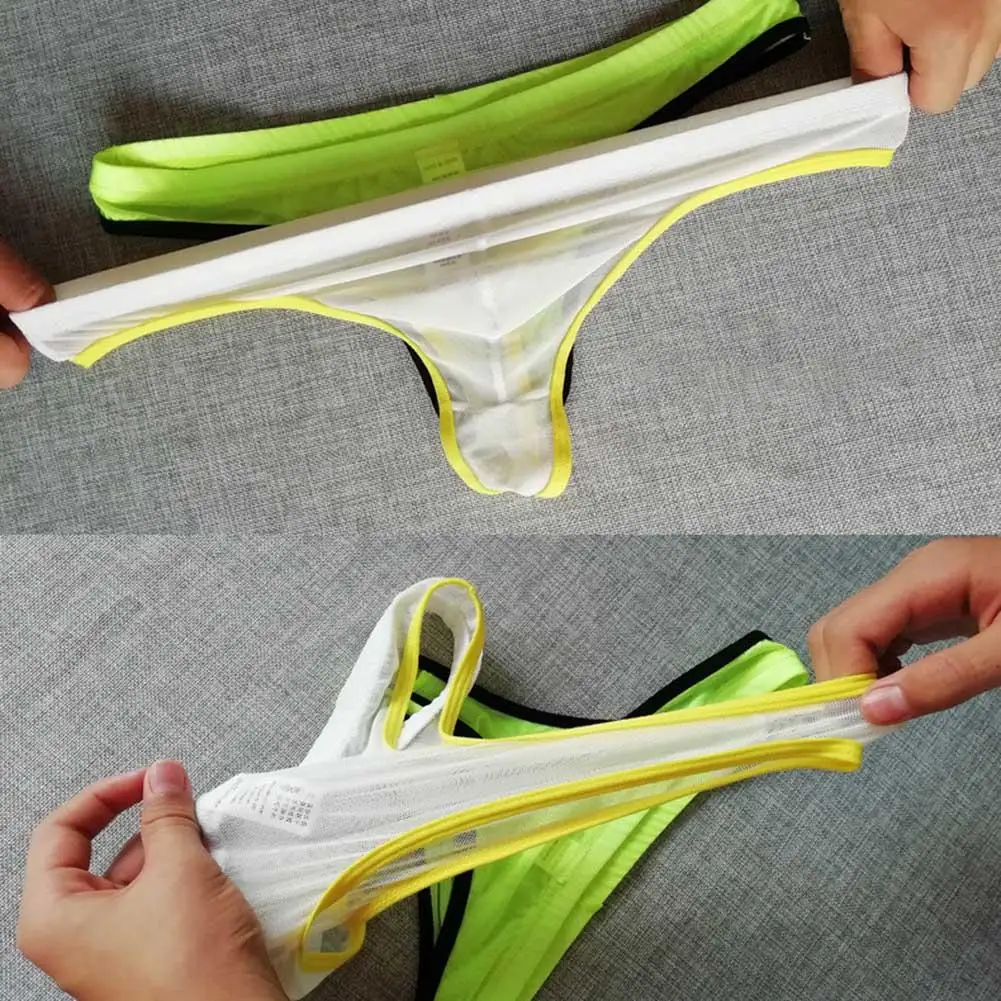 Color Blocking Men Mesh See Through Thin U Pouch Underwear Sexy Hot Panties Thong T-back G-strings Bikini