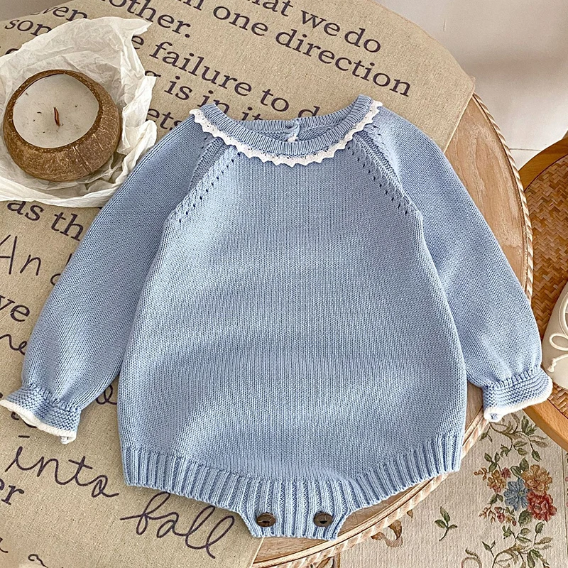 Infant Baby Girls Boys Knit Romper Spring Toddler Clothes 0-24M Newborn Jumpsuits Blue Long Sleeve Button Warm Autumn Jumpsuits