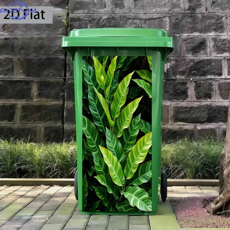 of Trash Can Sticker,  Featuring a Vibrant Green Leaf Theme Design, Self-Adhesive Wall Decoration for Kitchen Trash Cans (Suit