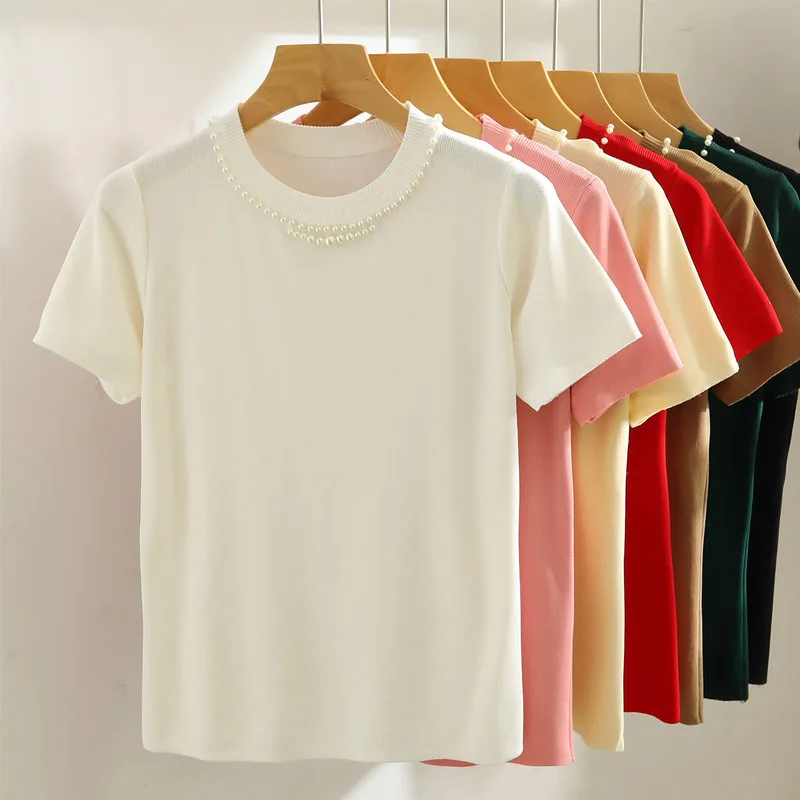 

Вязаный свитер, женские пуловеры, новый вязаный свитер с коротким рукавом и круглым вырезом, расшитый бисером, пуловер, женские топы, свитера Sueters De Mujer Q1288