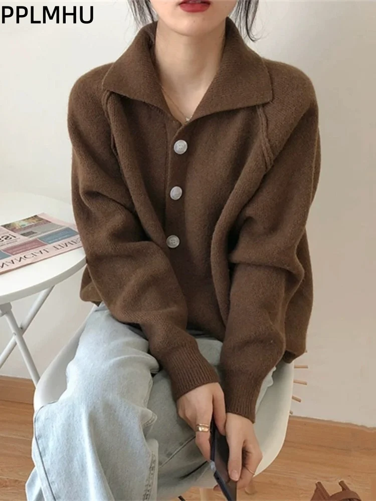 

Single Breasted Button Baggy Cardigan Sweater Women's Casual Loose Knitted Gilet Korean Fashion Turn-Down Collar Knitwear Sueter