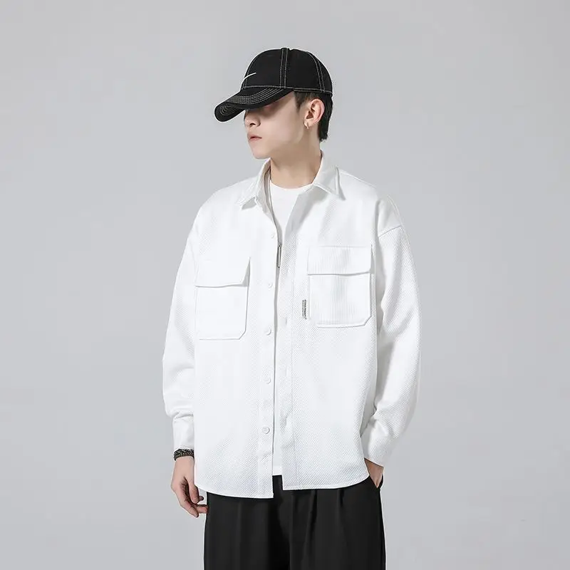 Men's Workwear Collared Jacket Long Sleeve Pure Color Lazy Style Spring Autumn Outerwear Casual Shirt Jacket Polyester Fiber