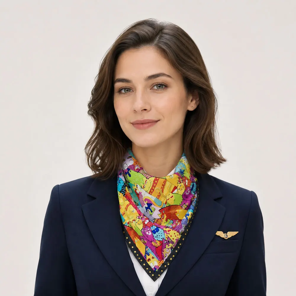 50cm 100% Natural Silk Scarf Women Cartoon Cat Whimsical Colorful Pop Illustration Kerchief Neckerchief Lady Bandana Wrap Gift