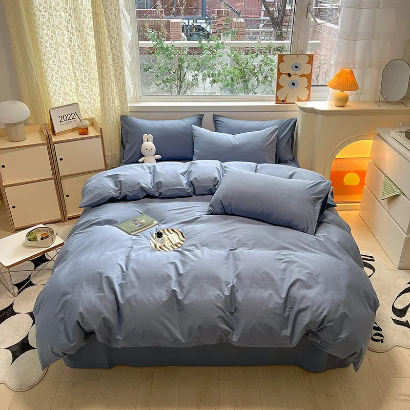 Class A Japanese-style unprinted style, cotton yarn-dyed washed cotton four-piece set, simple double-spell solid color bedding