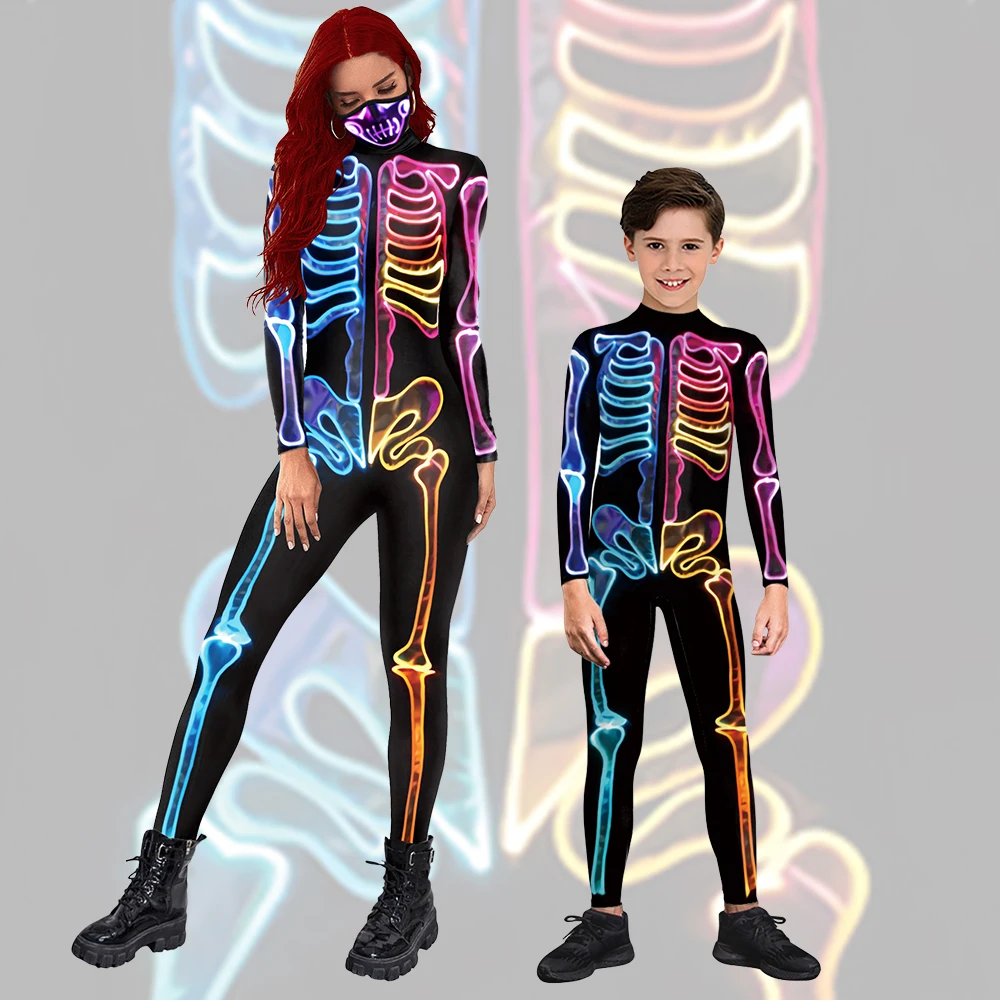 Skeleton 3D Printed Zombies Cosplay Costume Zentai Jumpsuit Matching Outfit Halloween Carnival Party Clothing Adult Children Set