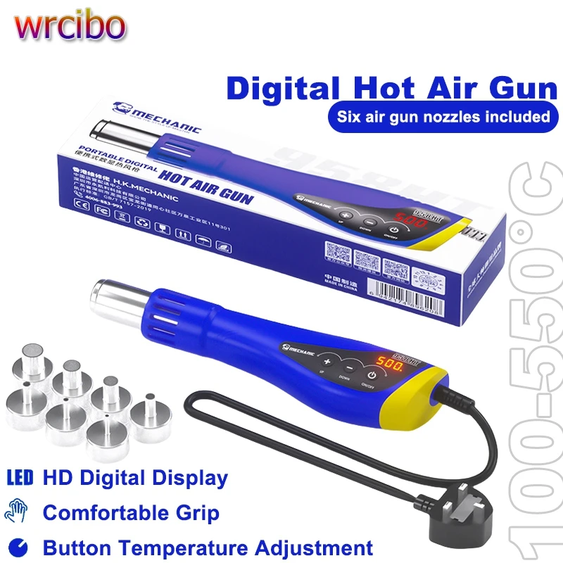 

MECHANIC 958HT Ручной портативный цифровой тепловой пистолет мощностью 600 Вт с 6 насадками 500 ° C для пайки электроники, удаления чипов, домашнего ремонта