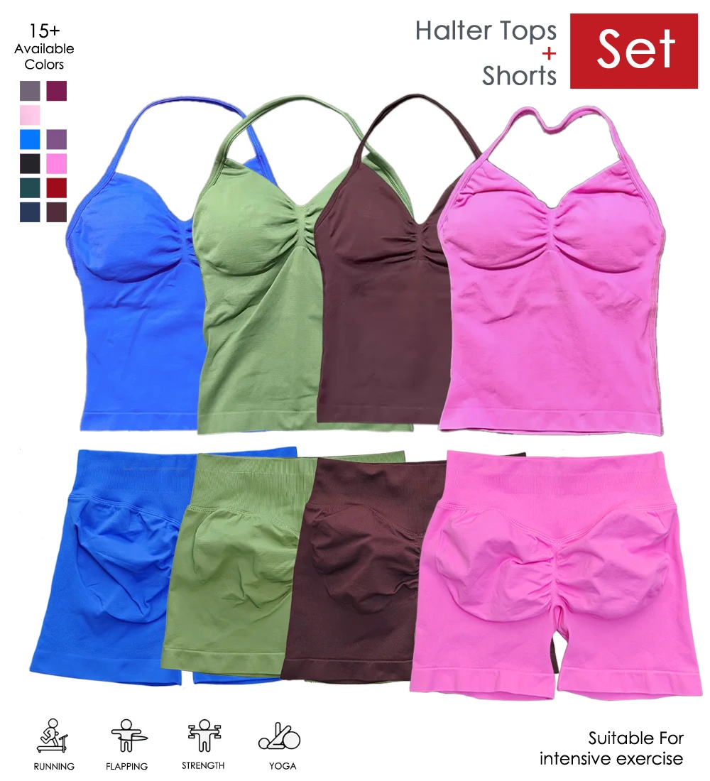 

2 Pieces Womens Impact Vest Shorts Yoga Set Backless Halter Tops High Waist Seamless Shorts Bra Gym Fitness Workout Sportswear