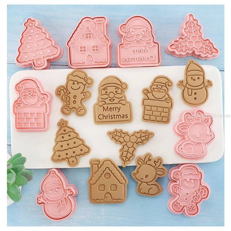 8Pcs/Set  DIY Christmas Cookie Cutters Santa Claus Snowflake Cookie Molds Biscuits Embosser Stamp Christmas Baking Accessories