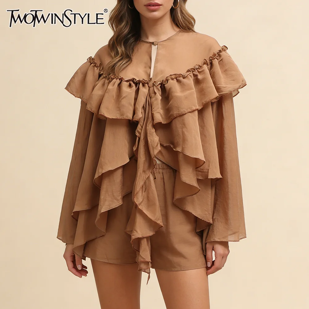 

TWOTWINSTYLE Шикарная романтичная блузка цвета хаки с рюшами для женщин, многослойный дизайн с оборками, стильные блузки для повседневного образа