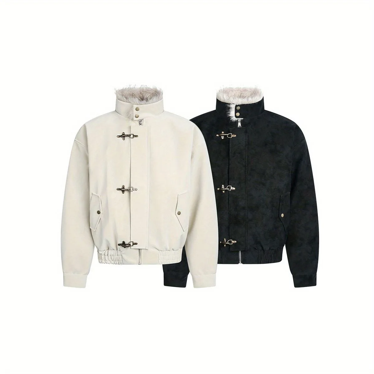 Retro Inner Wool Thickened Bomber Jacket American Men's And Women's Aircraft Buckle Fashion Stand-Up Collar Parka Retro Jackets