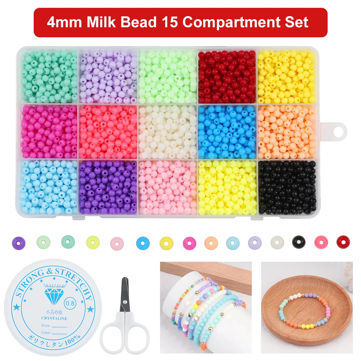 DIY Boxed 3000pcs 4mm Acrylic Colorful Round Spacer Loose Beads & 1 Roll Transparent Elastic Thread For Jewelry Making Bracelets