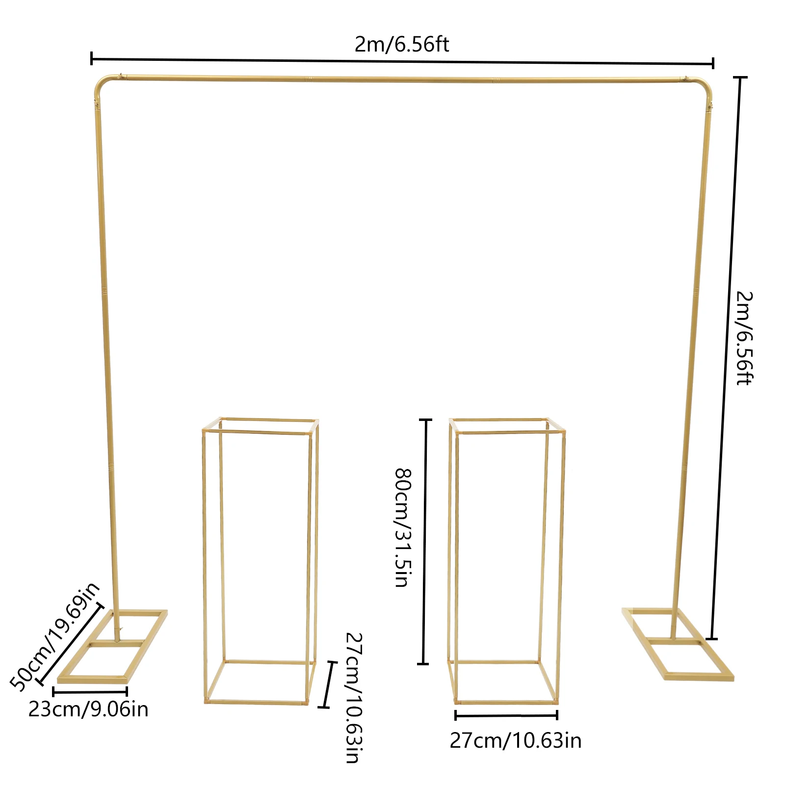 Gold Metal Wedding Backdrop Stand Set 2x2m Square Balloon Arch Frame with 2pcs Flower Stand for Party Birthday Photo Booth Decor