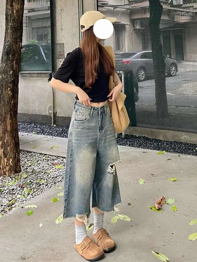 plus Size Vintage ort Jeans Women Loose Fit High Waist Distred Denim orts Autumn Winter Waed Wide Leg Straight Cut P...