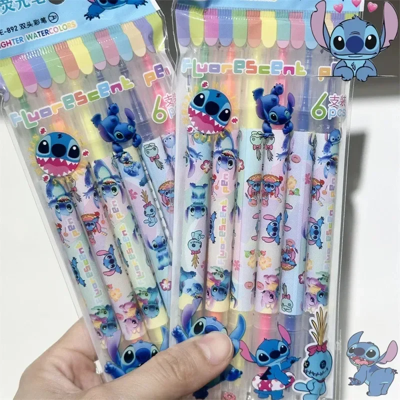 Disney Stitch Double-ended Highlighter 6pcs Children's Cartoon Cute Painting Graffiti Marker Student Supplies Stationery Gift