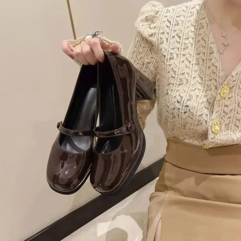 

2026 New Summer New Patent Leather Brown Shoes Vintage Thick High Heels Shoes Women Woman Square Toe Chunky Heels Black