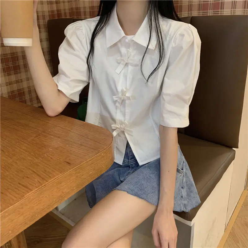 Shirts Women Sweet Summer Bow Solid Korean Style Y2k Crop Tops Fashion Ins Preppy Girl Puff Sleeve Hotsweet Casual Camisas Mujer