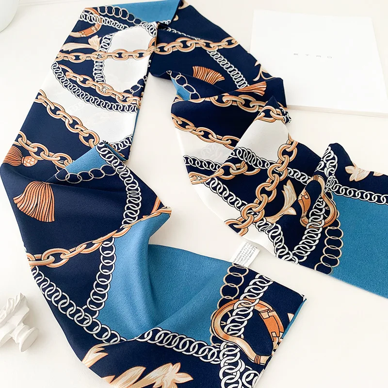 NEW Summer Autumn Narrow Long Imitation Silk Neck Scarf For Women's Korean Version Chain Printing Ladies Scarves Neckerchiefs