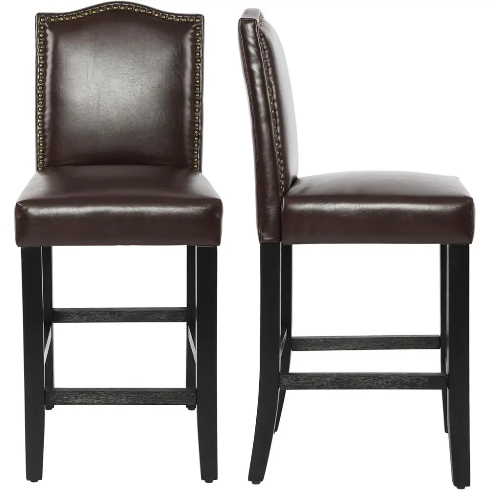 

Set of 2, 24.8 High PU Upholstered Bar Stools with Bronze Nail Backrest & Solid Wood Legs, Brown