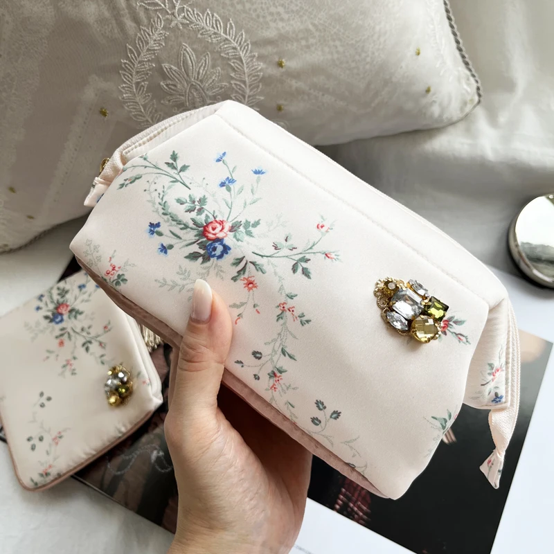 Sweet Floral Cosmetic Bag Tassel Decorative Clutch Bags Sewing Drill Lightweight Portable Toiletry Case for Girls