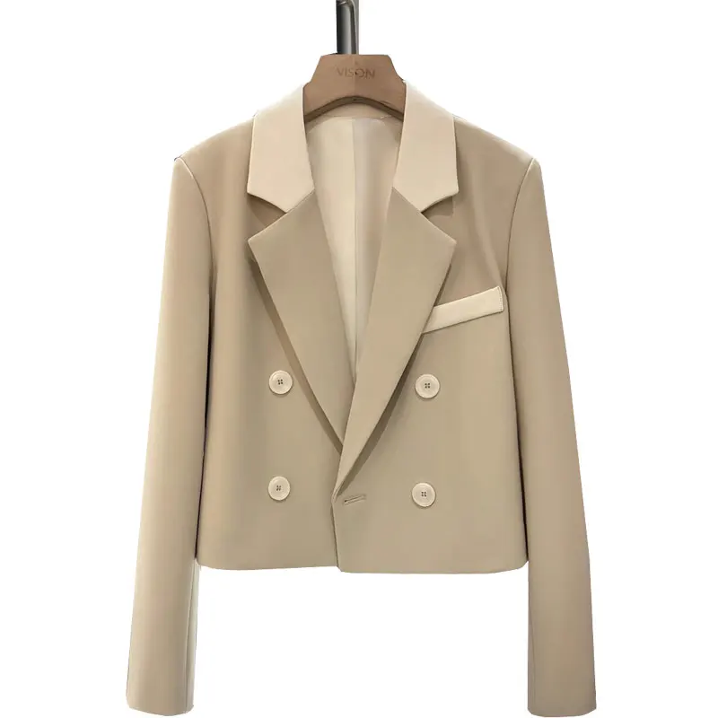 

Light Khaki Patchwork Short Women Blazers 2024 Spring Chic Double Breasted Suit Jackets Female Outerwears