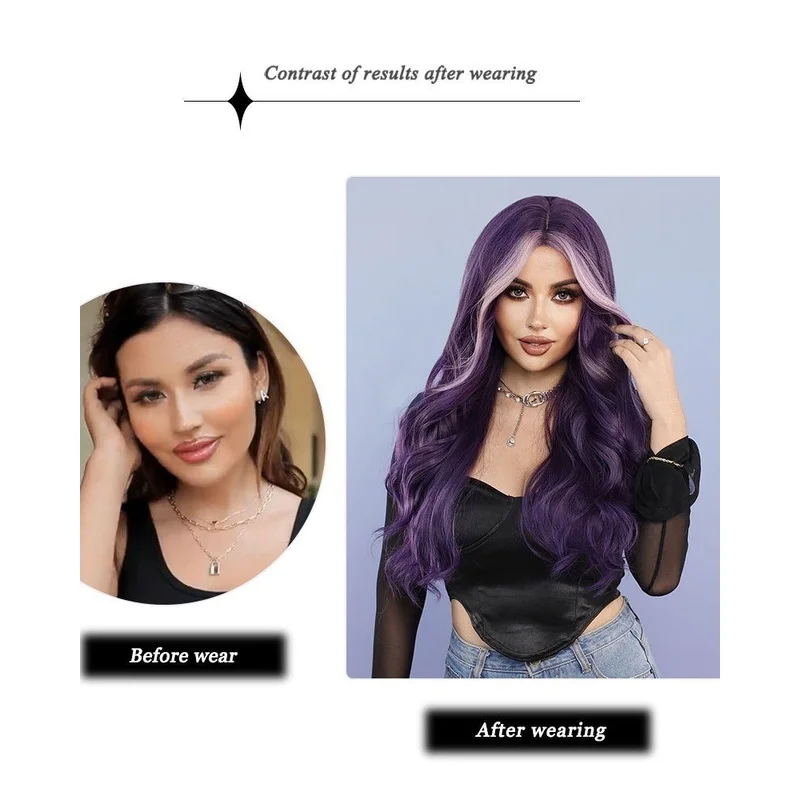 Long Wavy Purple Wig Middle Part Highlight skunk Hair Wigs view 3