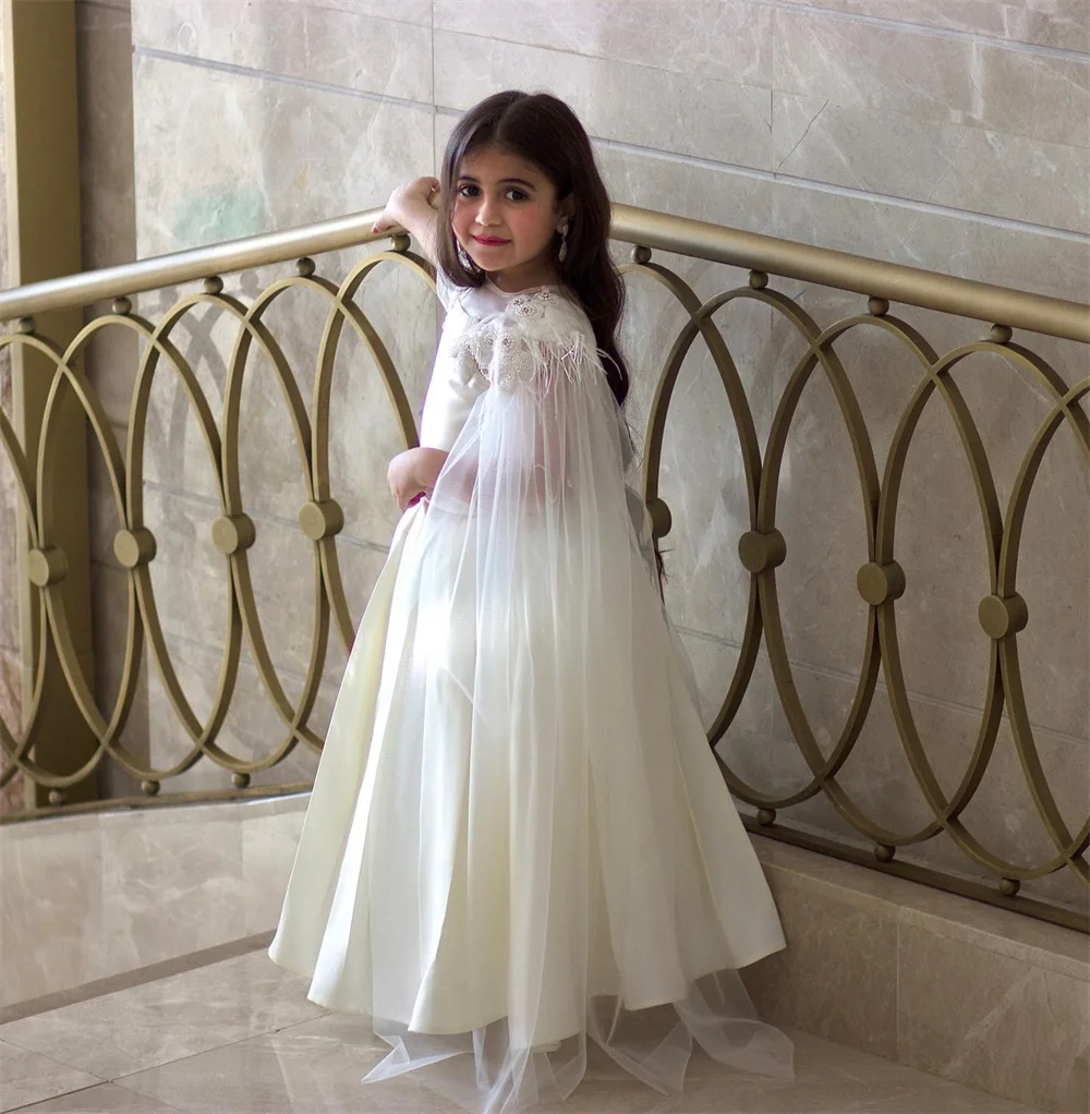 Customized Flower Girl Dress Dearin Scoop Neckline Ball Floor Length Skirts Draped Applique Beading Pearl Dresses