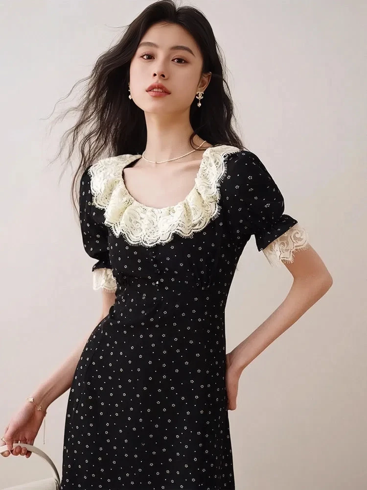 

2024 Summer New Gentle Style Lace Ruffle Collar High-end Feeling Slimming Floral Dress