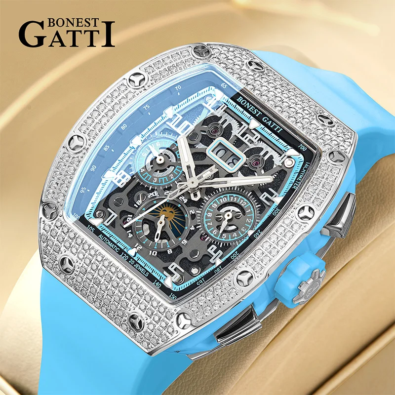 

BONEST GATTI Men Automatic Watch Tonneau Mechanical Wristwatch Sapphire Luminous Multi-Dial Month Week Date Crystal Bezel