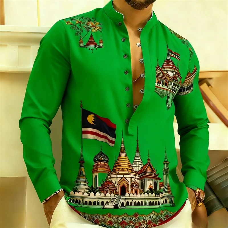 マレーシア国旗＆伝統寺院プリント バジュ・マレーユ メンズ長袖シャツ エスニックカジュアルブラウストップ 文化祭用