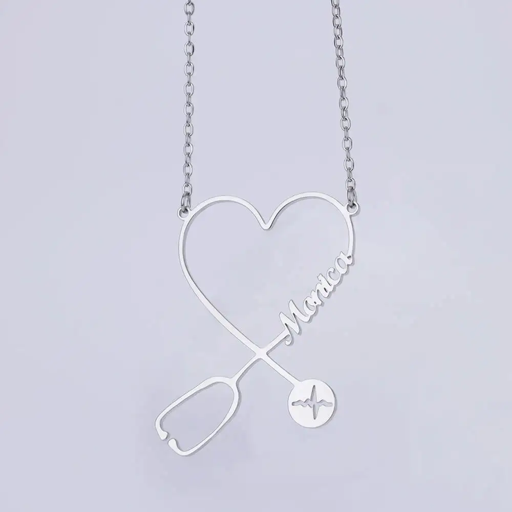 Custom Name Heart Stethoscope Necklace for Women Stainless Steel Customized Letter Chain Collar Jewelry Gift for Nurse Doctor