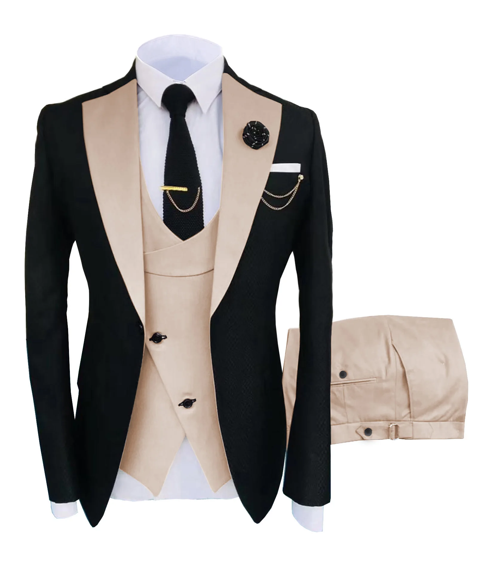 Men 3 Piece Tuxedo Suit,Black Jacquard Jacket With Notch Lapel Asymmetric Vest Side Adjuster Pants Wedding Party Form Suit