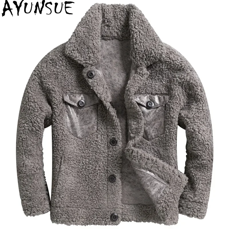 AYUNSUE Short Sheep Shearing Fur Coat Men Grain Wool Coat Men Clothing Thick Winter Reversible Jackets Ropa Hombre