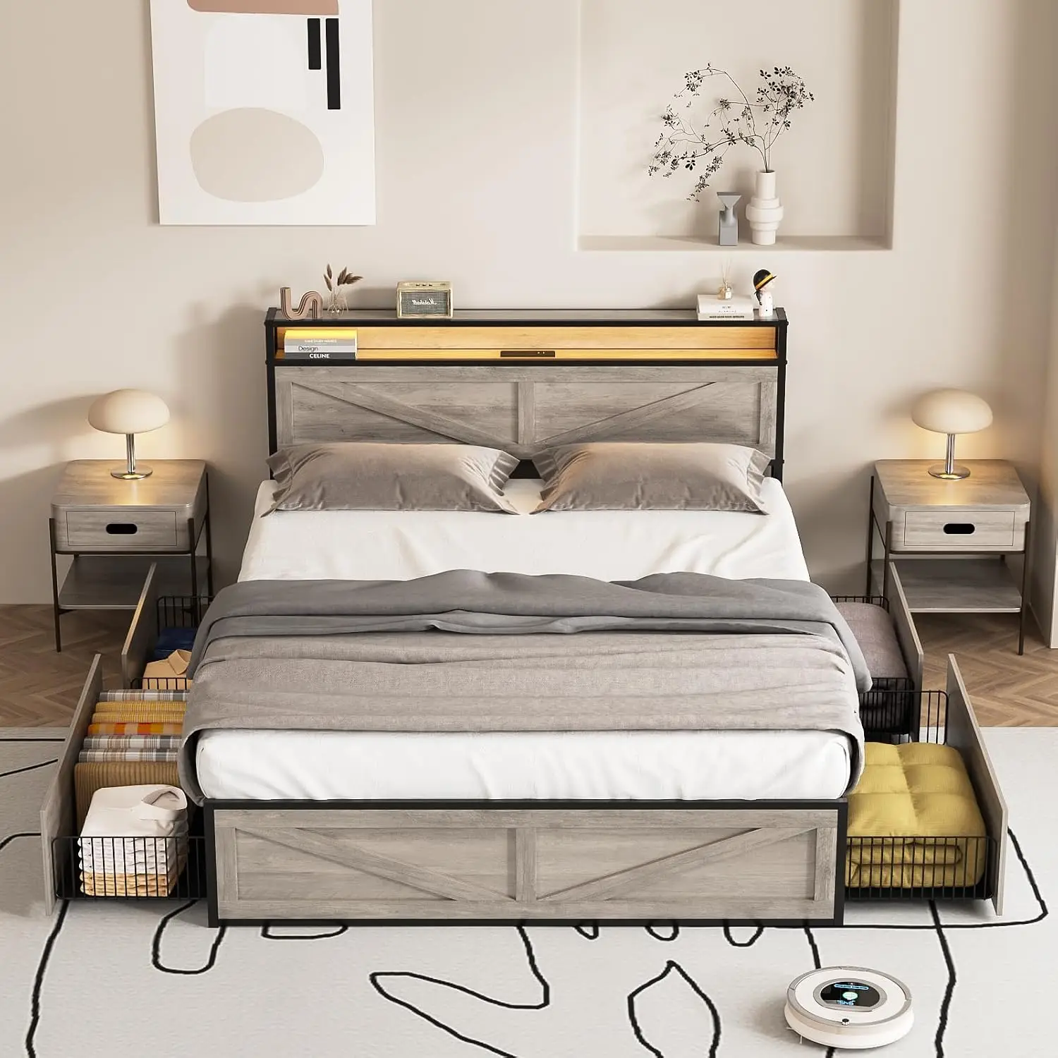 Queen Bed Frame With Charging Station & 4 Drawers, Metal Platform Headboard USB Ports, LED Storage Bed, Customized