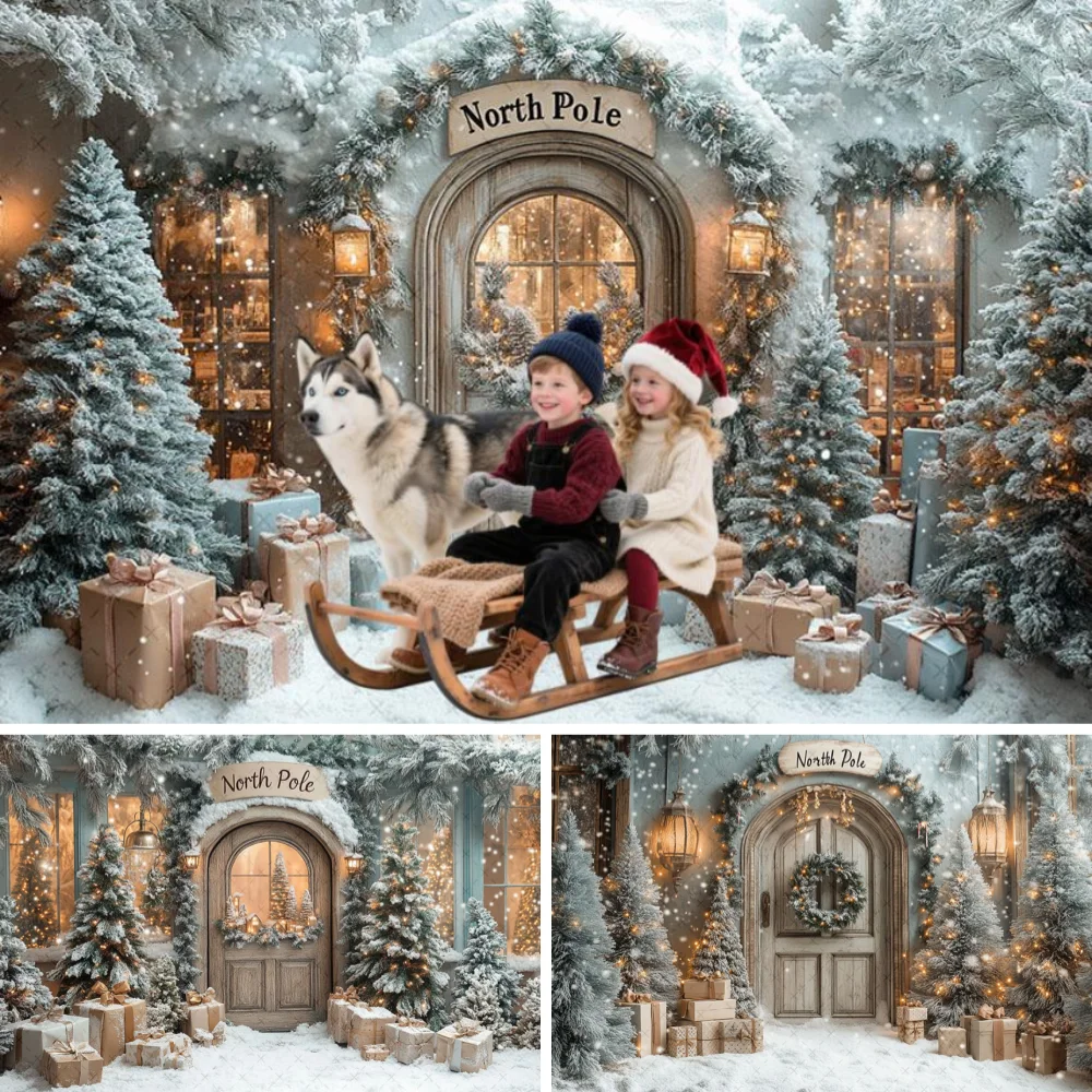 

Winter Christmas North Pole Wood Door Photography Background Xmas Tree Gift Kids Family Portrait Decor Backdrop Photo Studio