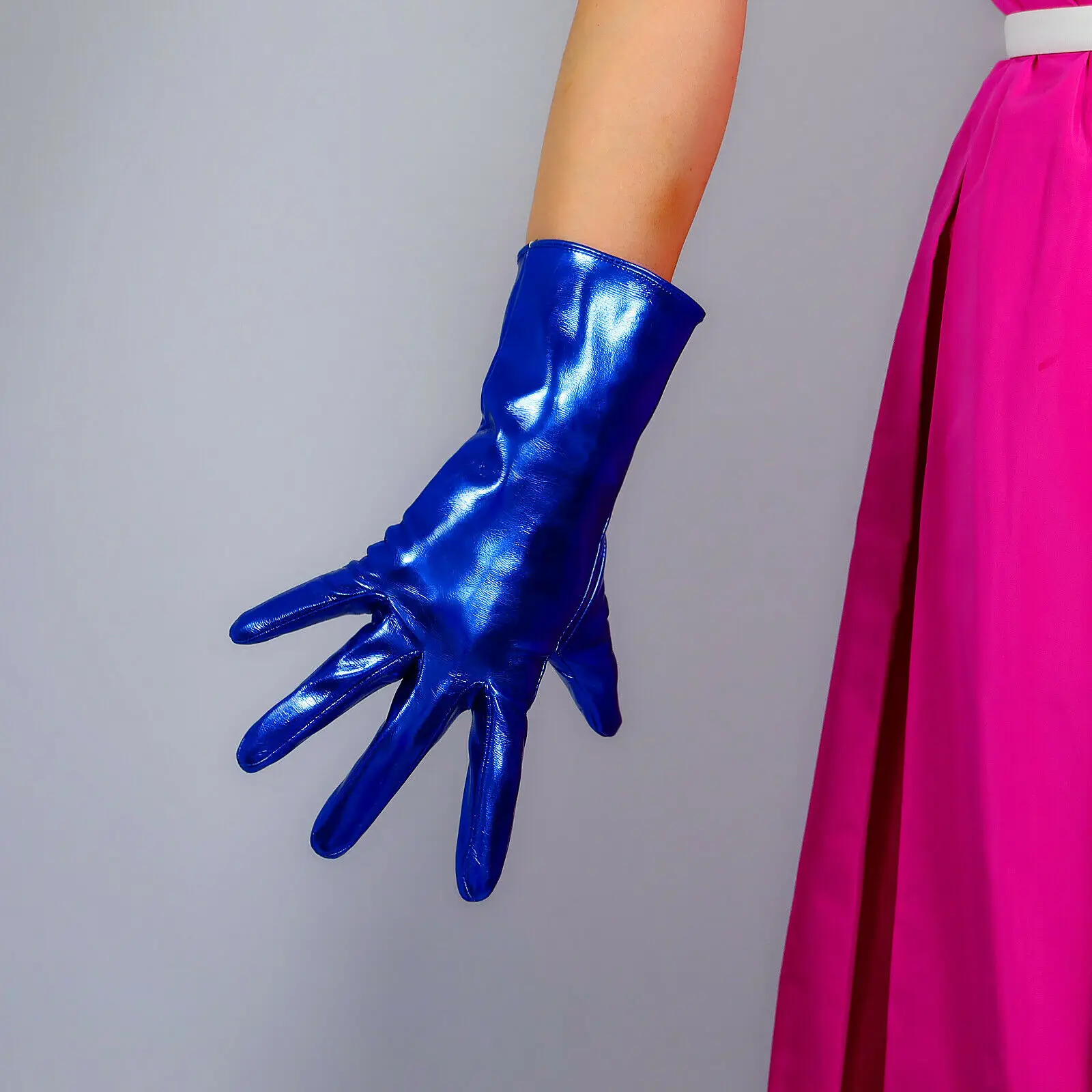 Royal Blue SHORT LATEX GLOVES Wrist Long Shine Faux Patent Leather 28cm Cosplay Halloween Custome Party Club Driving Glove