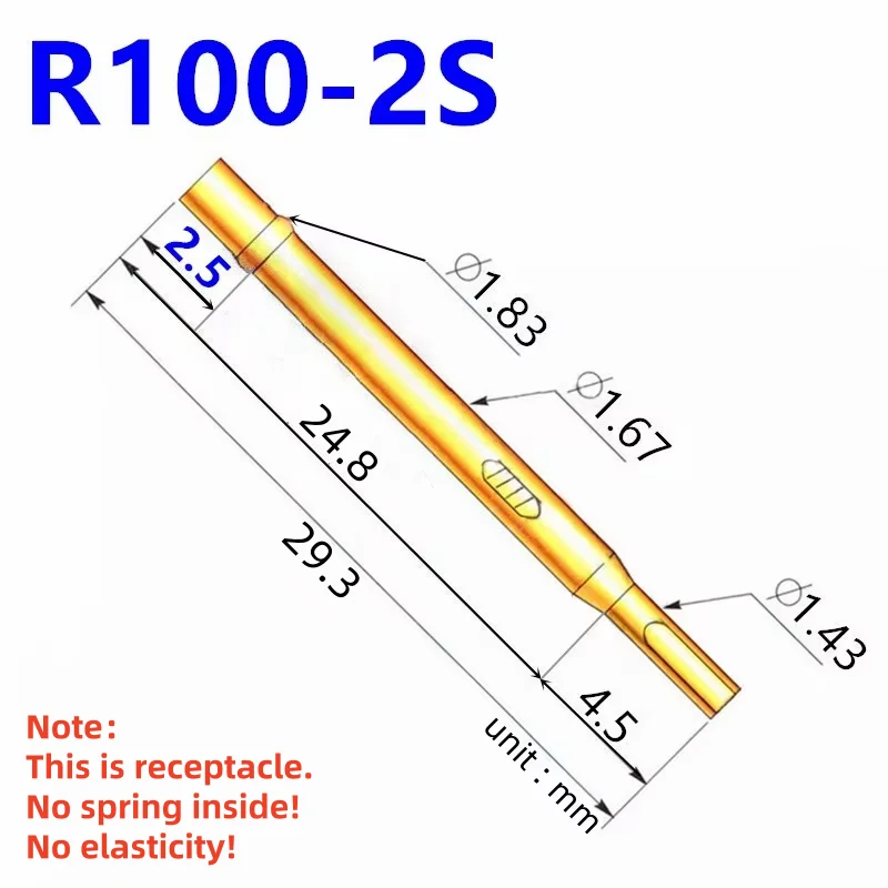 20/100PCS R100-2S Test Pin P100-B1 Receptacle Brass Tube Needle Sleeve Seat Solder Connect Probe Sleeve 29.3mm Outer Dia 1.67mm